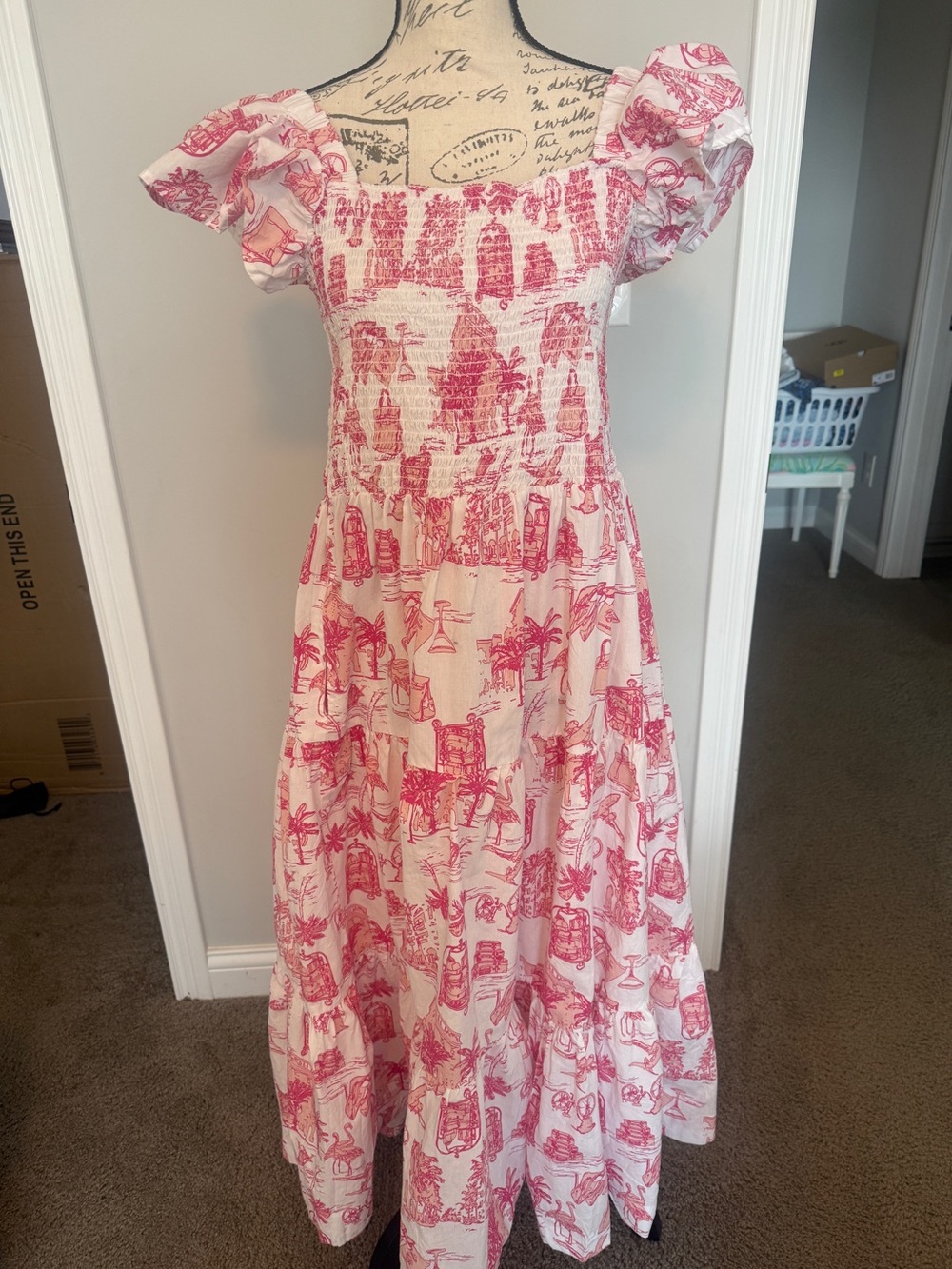 8 Oak Lane Pink Toile Smocked Flutter Sleeve Dress